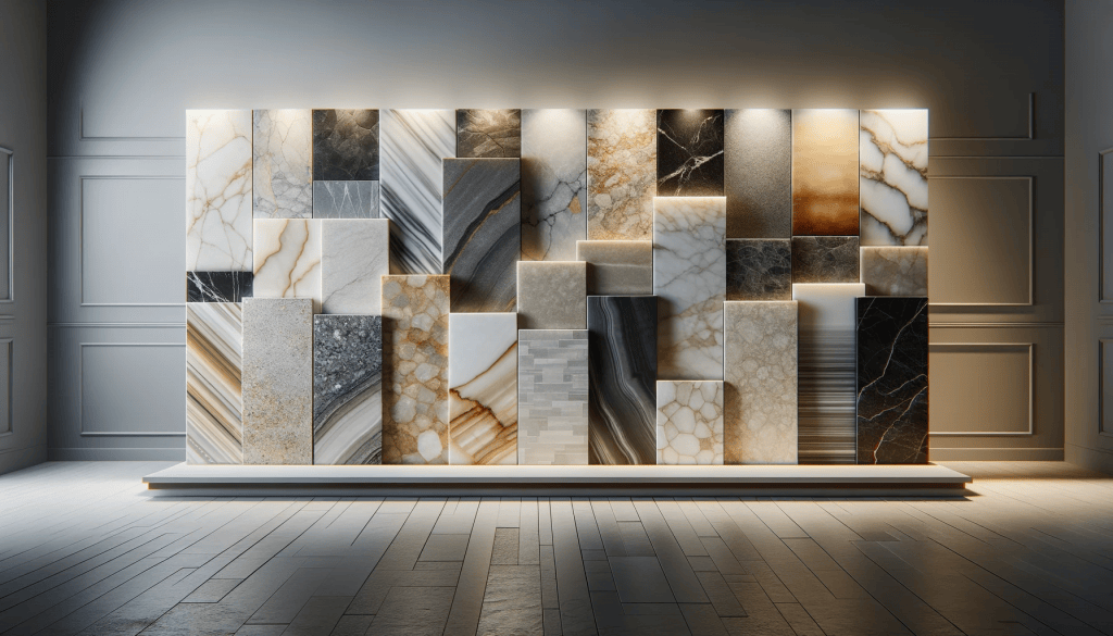 Luxurious line up of polished stone slabs