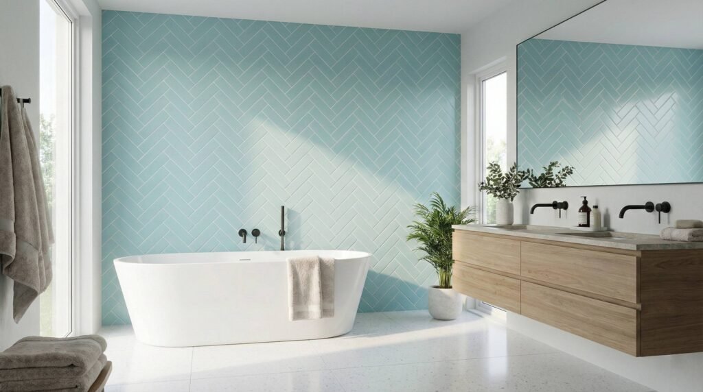 Bathroom tiled with Mint Herringbone porcelain tiles
