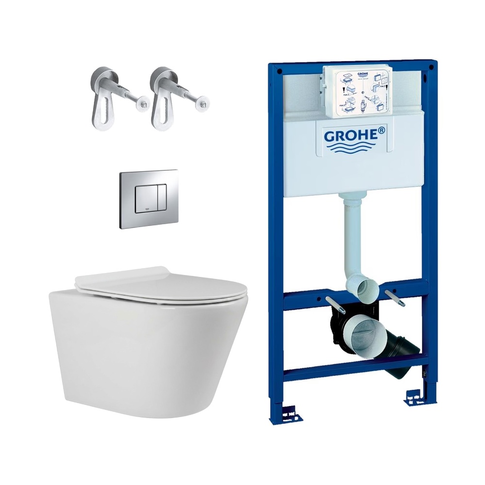 Complete 5-in-1 Wall Hung Toilet Set With XL Vision Milano, Soft Close Seat, GROHE Rapid SL Cistern, Fixings and Skate Cosmopolitan Flush Plate